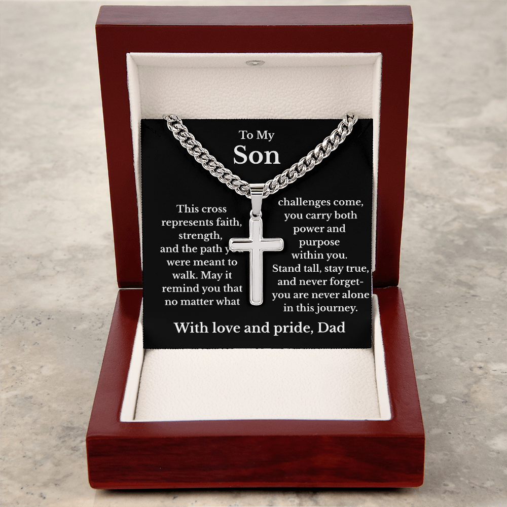 To My Son – Faith & Strength Cuban Link Cross Necklace