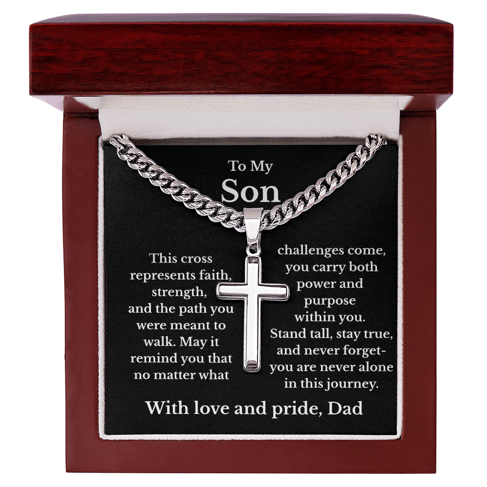 To My Son – Faith & Strength Cuban Link Cross Necklace