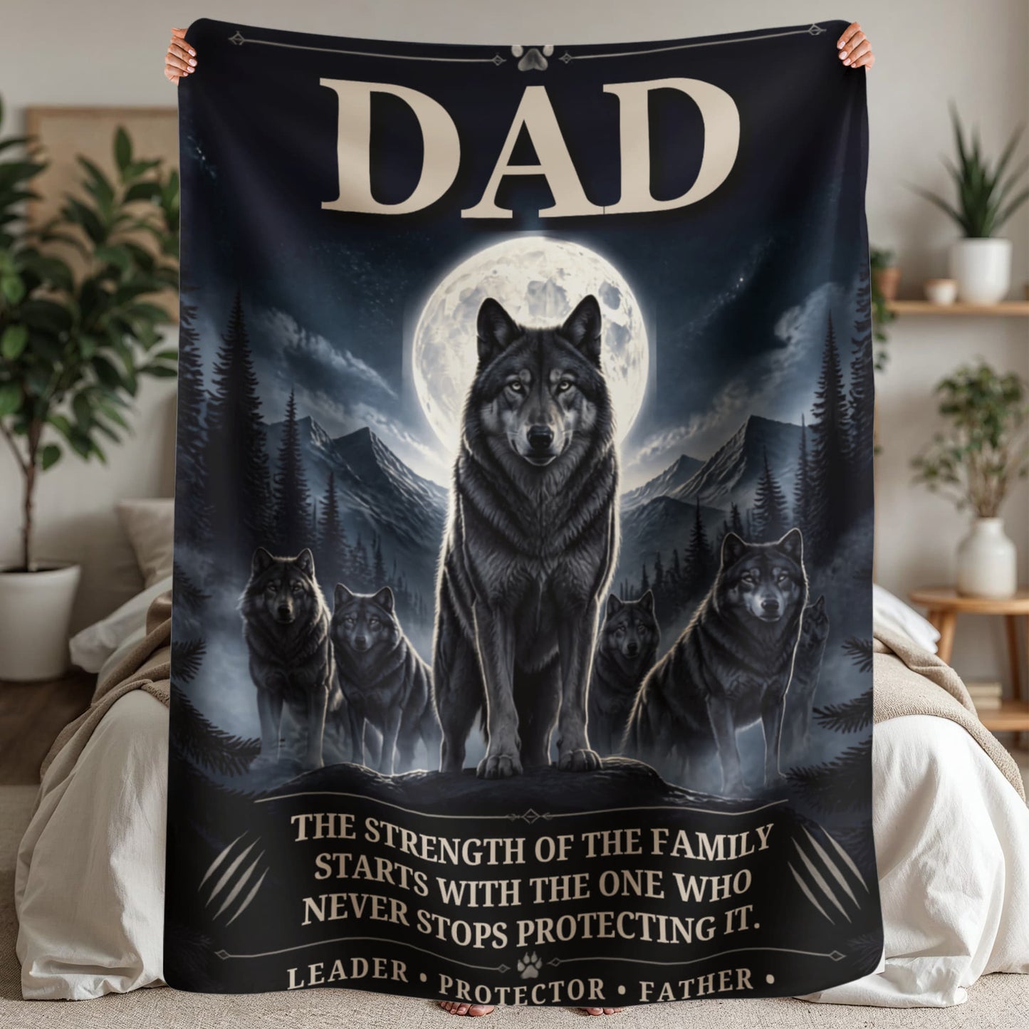 Dad Wolf Sherpa Blanket 60" x 80" – Leader Protector Father Gift, Wolf Pack Family Blanket, Meaningful Gift for Dad, Husband & Father
