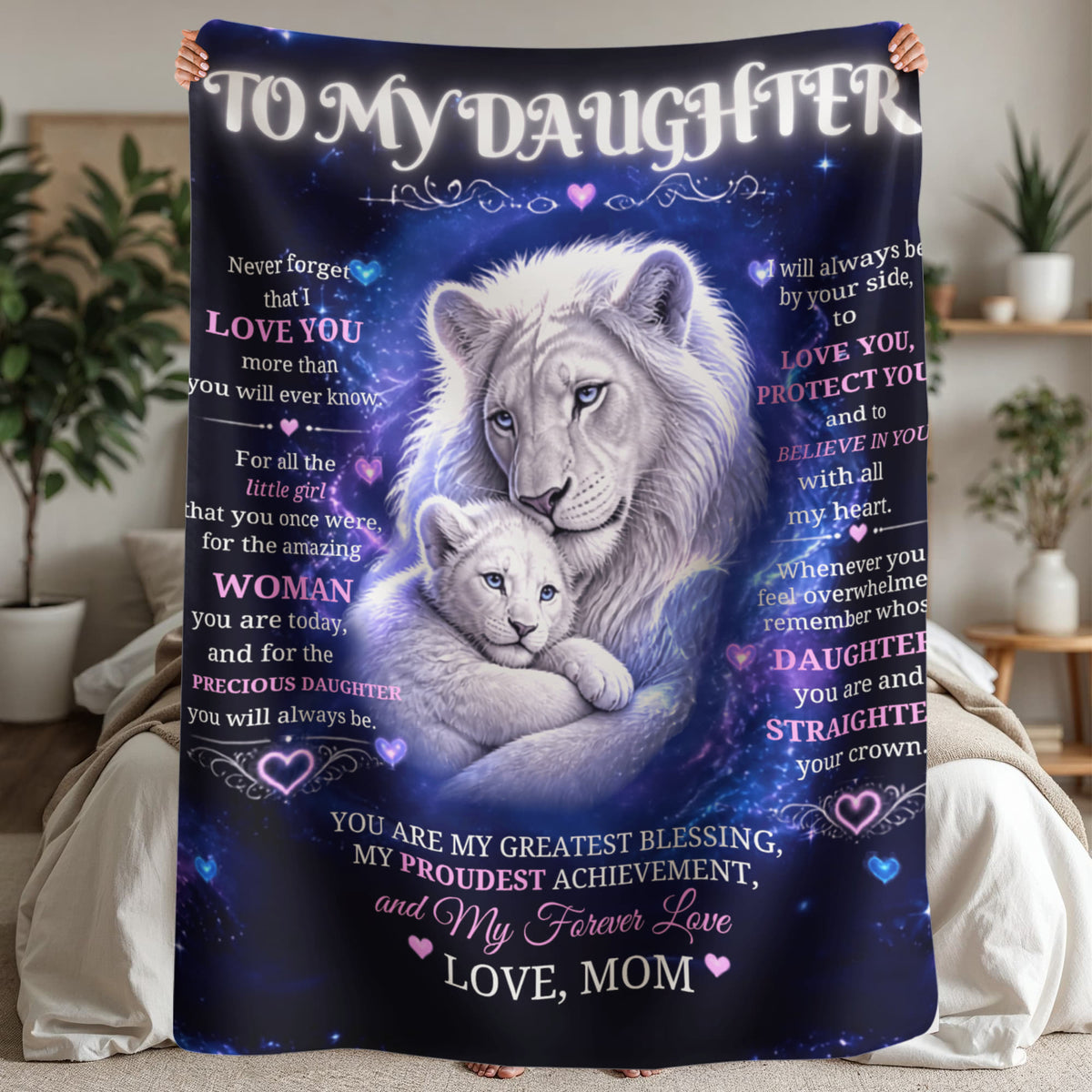 To My Daughter Sherpa Fleece Blanket – White Lion Mom & Cub Inspirational Daughter Gift – Love, Mom Keepsake Blanket