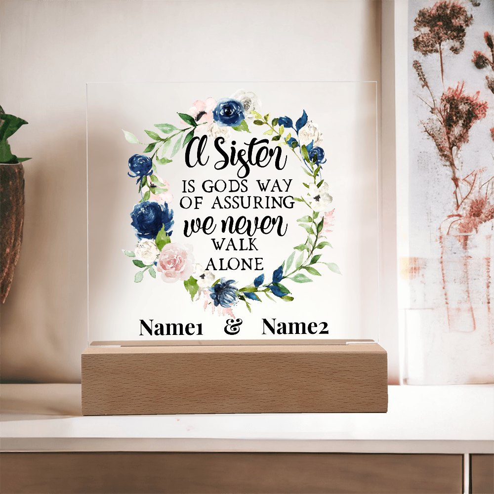 A Sister Is God's Way” Personalized Floral Acrylic Plaque – Custom Two-Name Sister Gift, Religious Quote Decor