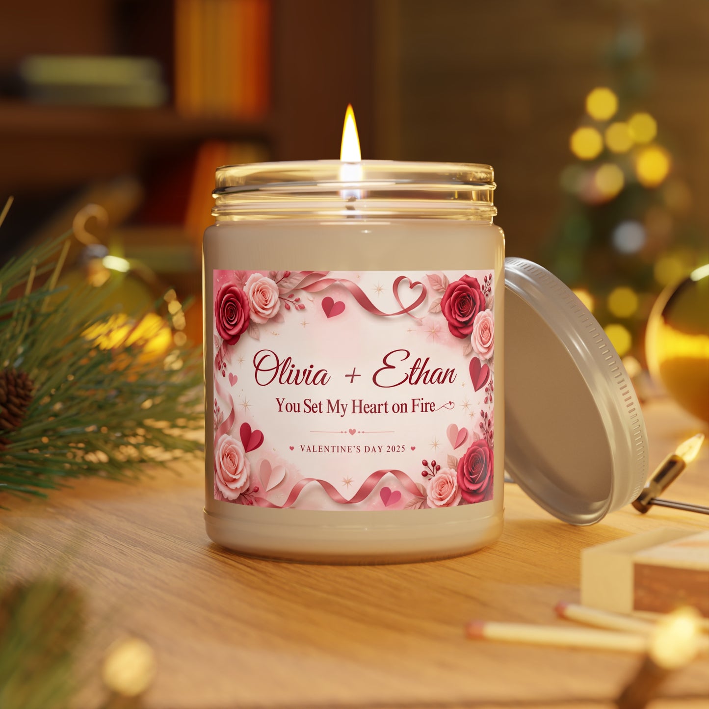 Personalized Valentine’s Day Scented Candle – “You Set My Heart on Fire” Custom Couple Names Gift