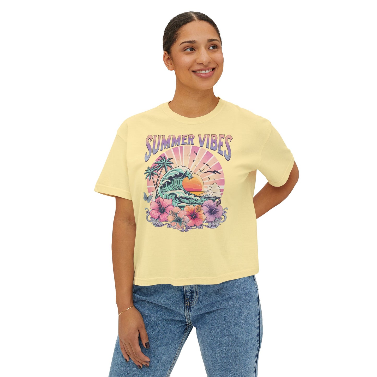 Summer Vibes Women's Boxy Tee | Beachy Graphic Tee, Casual Fashion, Summer Apparel, Gift for Her, Vacation Wear