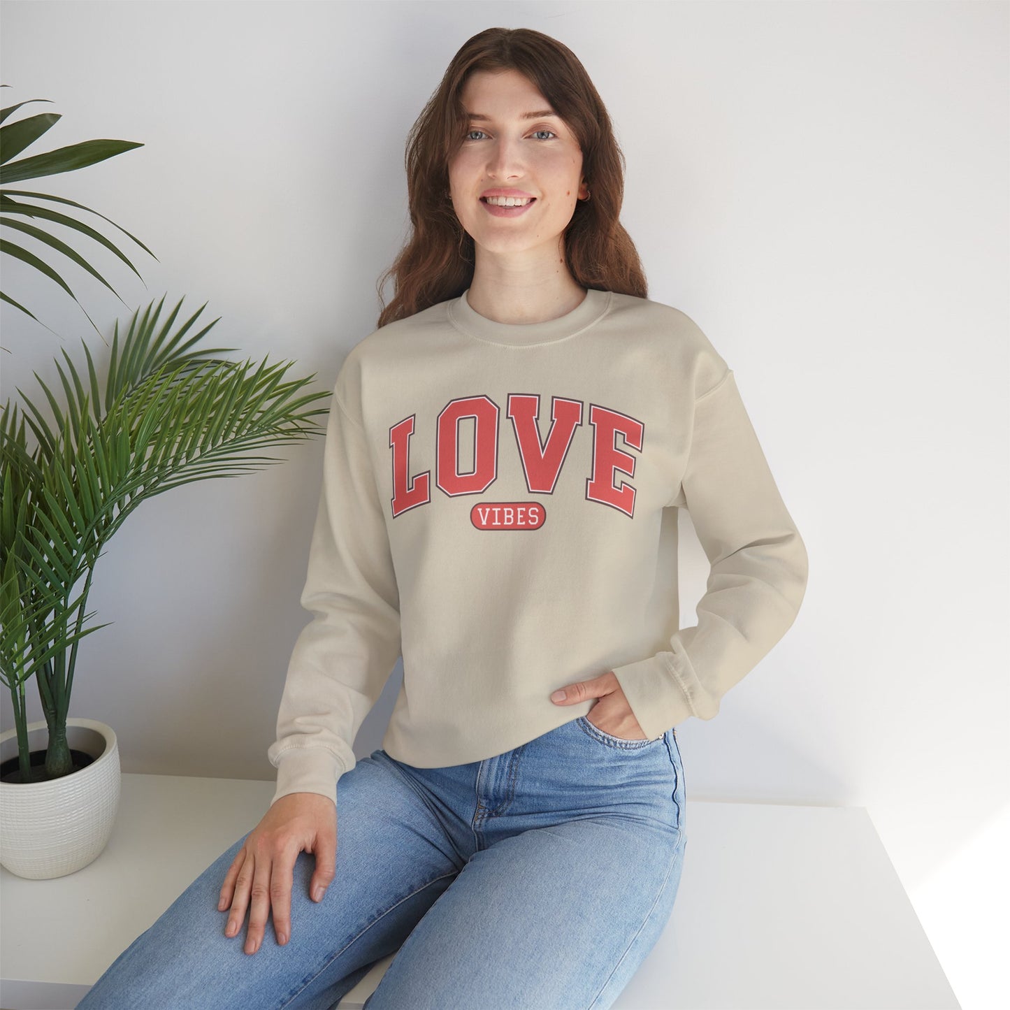 Love Vibes Sweatshirt – Retro Varsity Love Crewneck, Unisex Valentine’s Day Gift