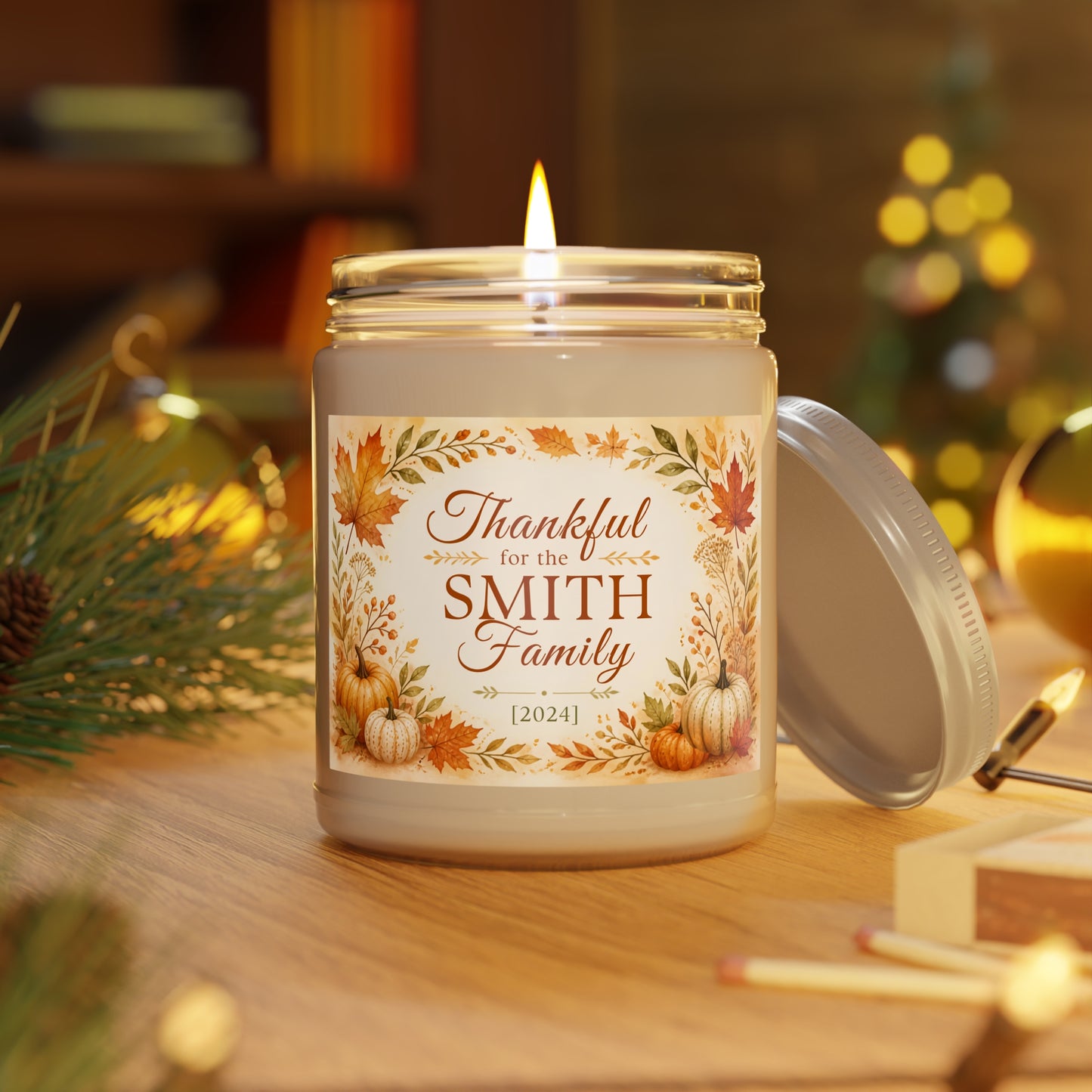 Personalized Thankful for the Family Scented Candle – Custom Family Name & Year Thanksgiving Gift