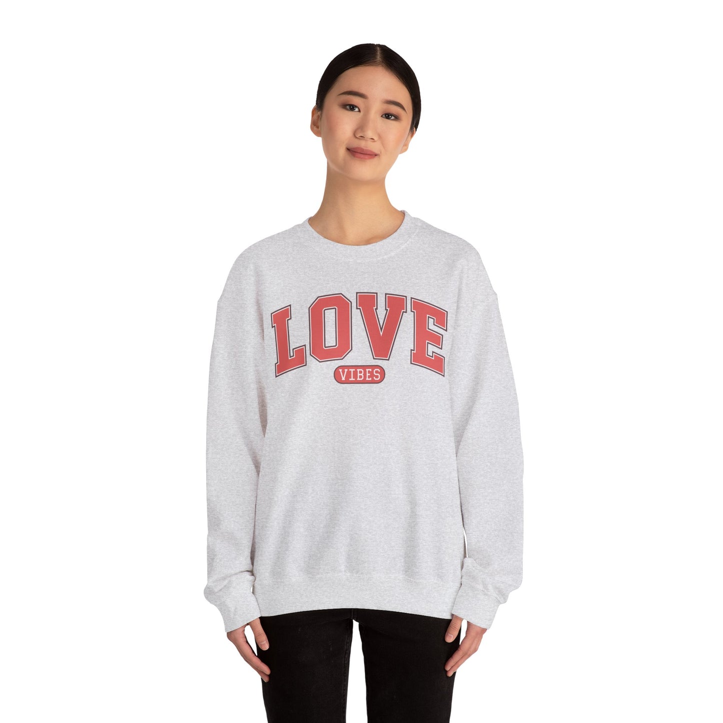 Love Vibes Sweatshirt – Retro Varsity Love Crewneck, Unisex Valentine’s Day Gift