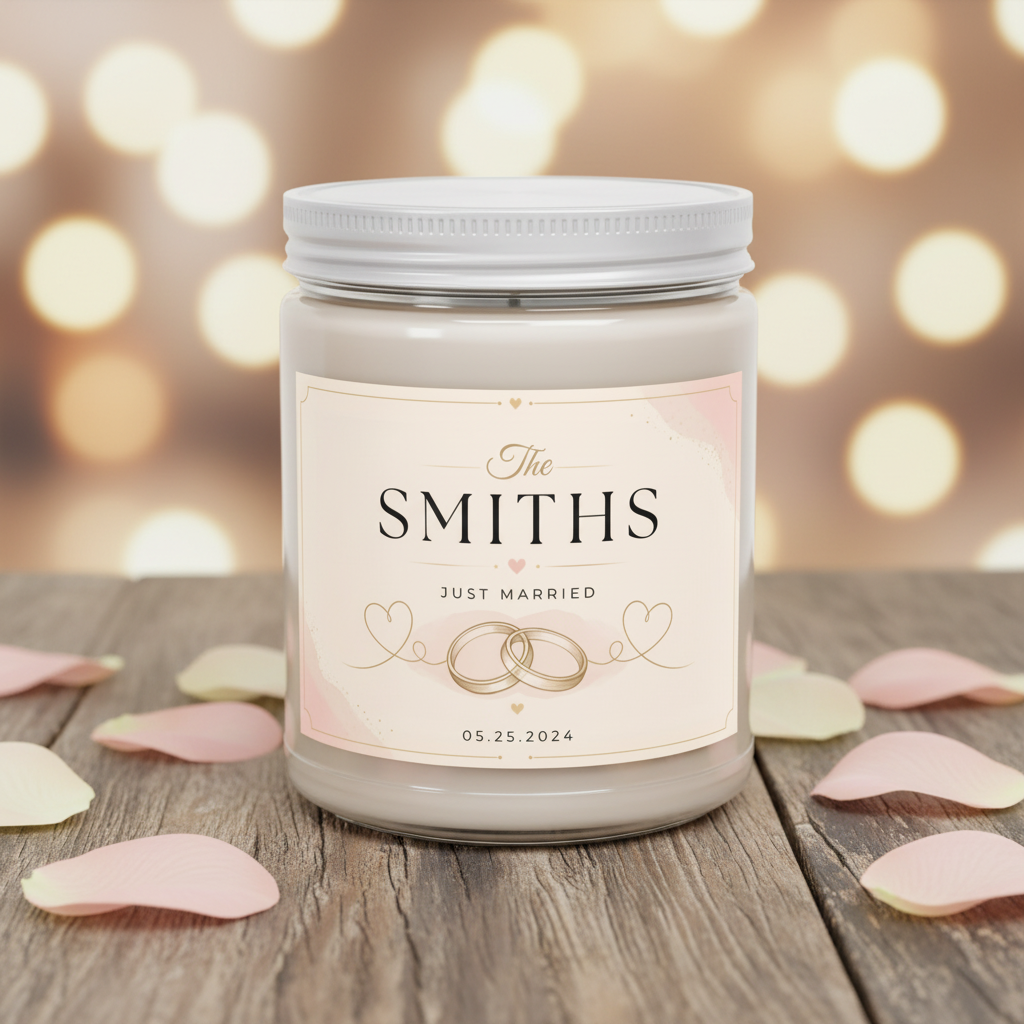 Personalized Just Married Scented Candle – Custom Family Name & Wedding Date Gift