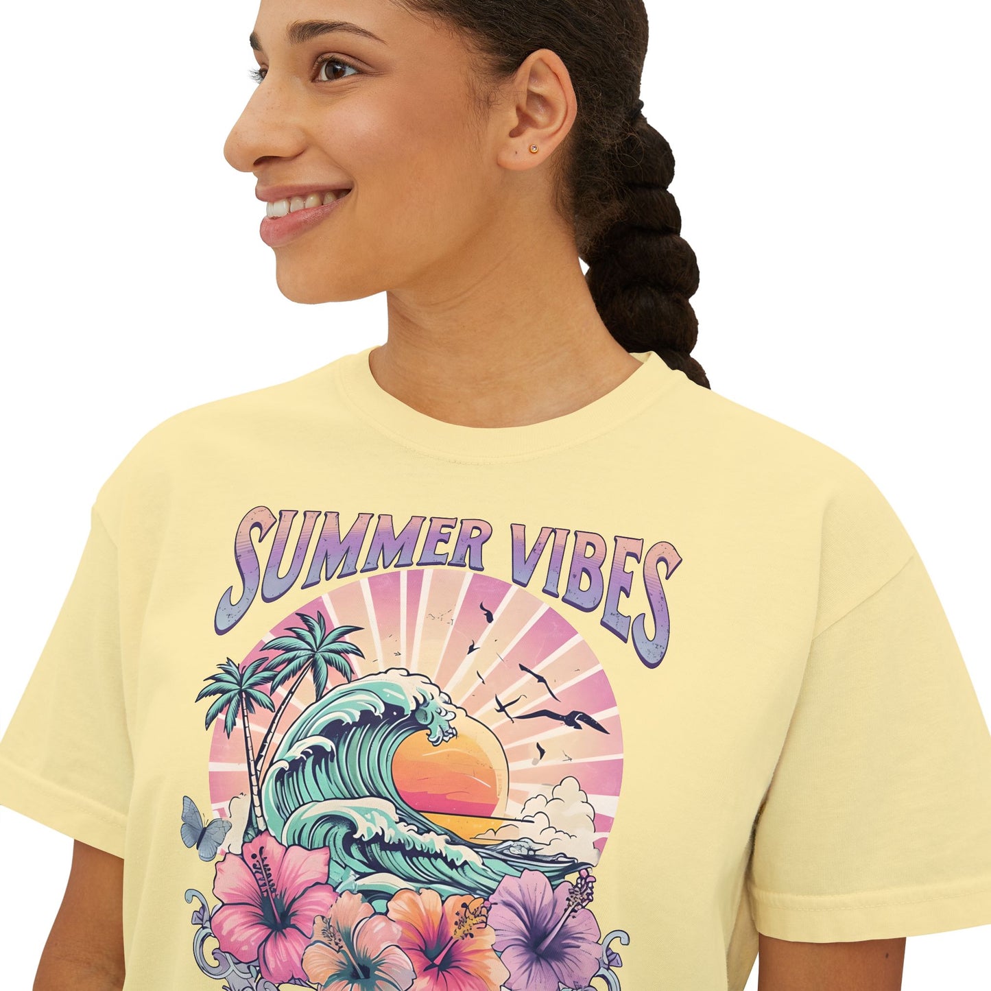 Summer Vibes Women's Boxy Tee | Beachy Graphic Tee, Casual Fashion, Summer Apparel, Gift for Her, Vacation Wear