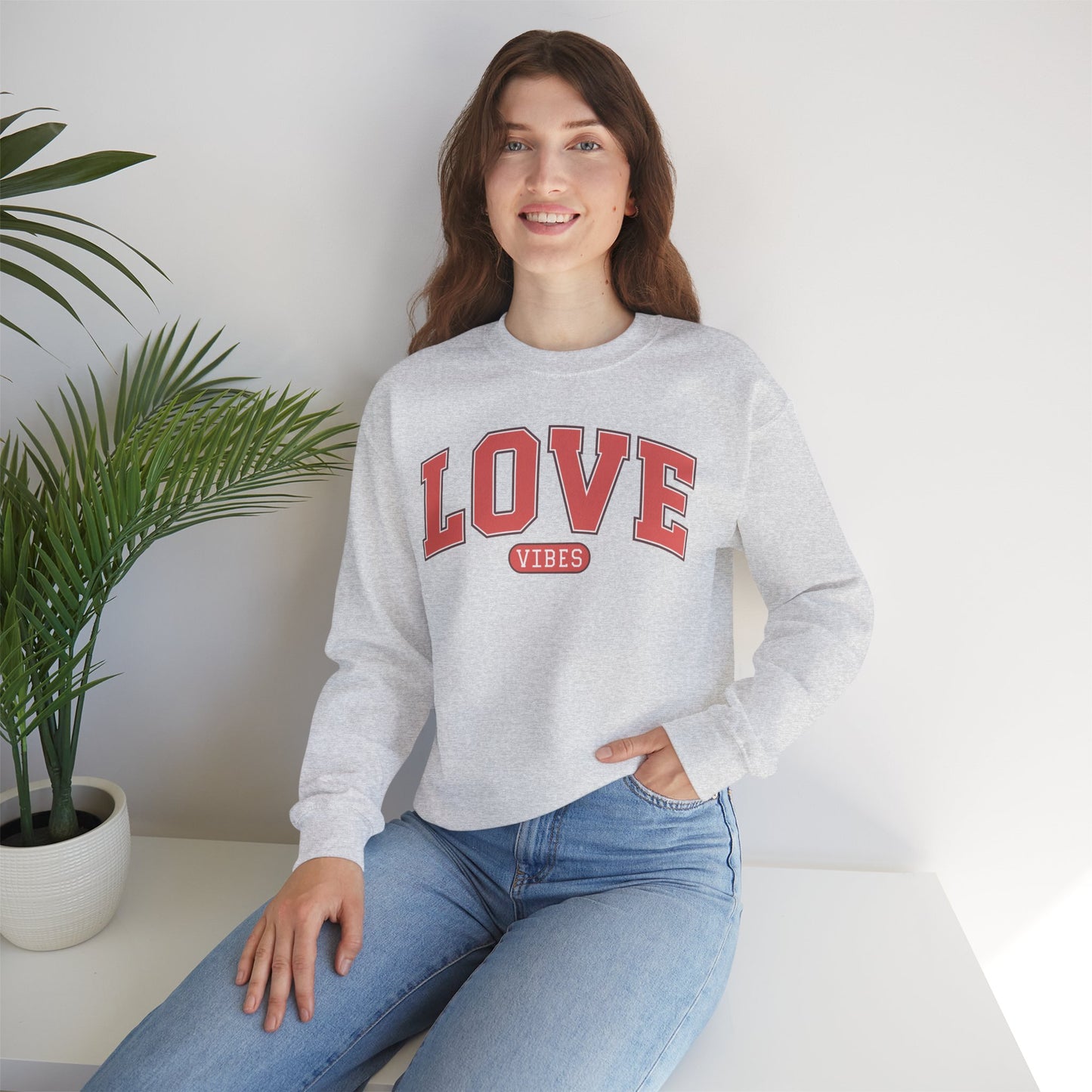 Love Vibes Sweatshirt – Retro Varsity Love Crewneck, Unisex Valentine’s Day Gift
