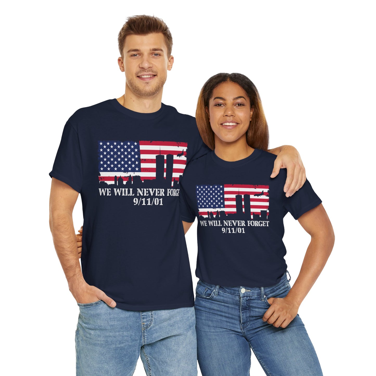 Patriotic Commemorative Tee - We Will Never Forget 9/11, Casual Wear, Memorial Day, Heroes Tribute, Unisex Cotton Shirt