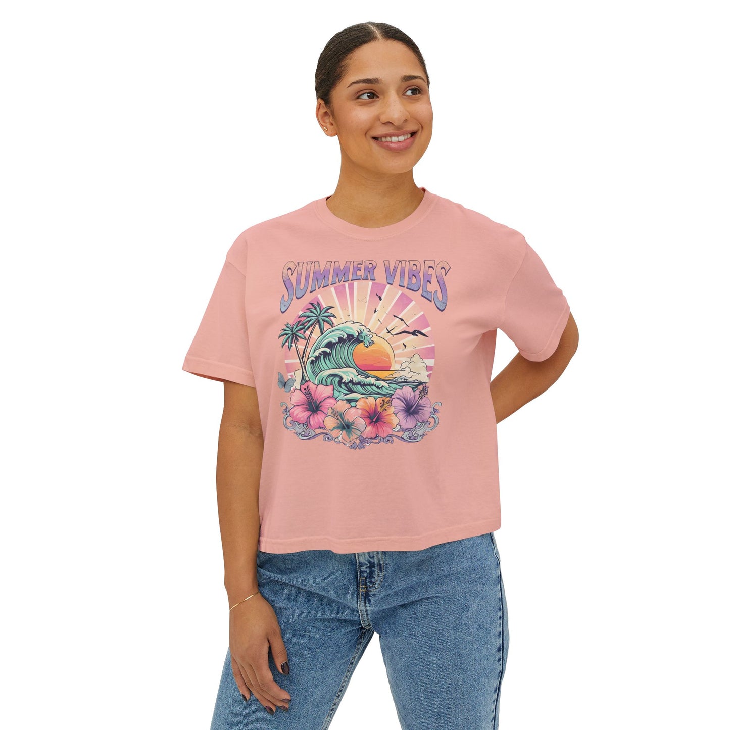 Summer Vibes Women's Boxy Tee | Beachy Graphic Tee, Casual Fashion, Summer Apparel, Gift for Her, Vacation Wear