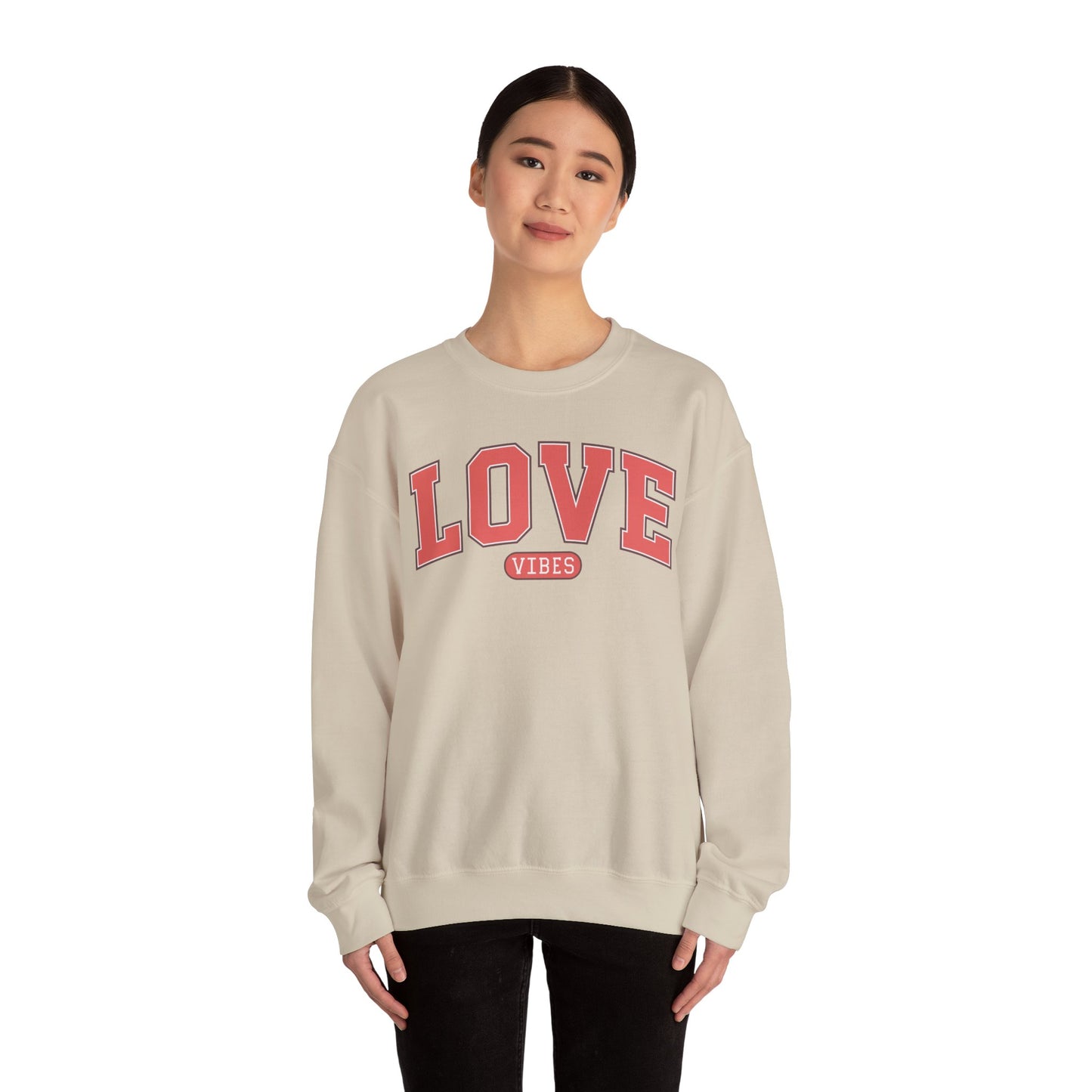 Love Vibes Sweatshirt – Retro Varsity Love Crewneck, Unisex Valentine’s Day Gift