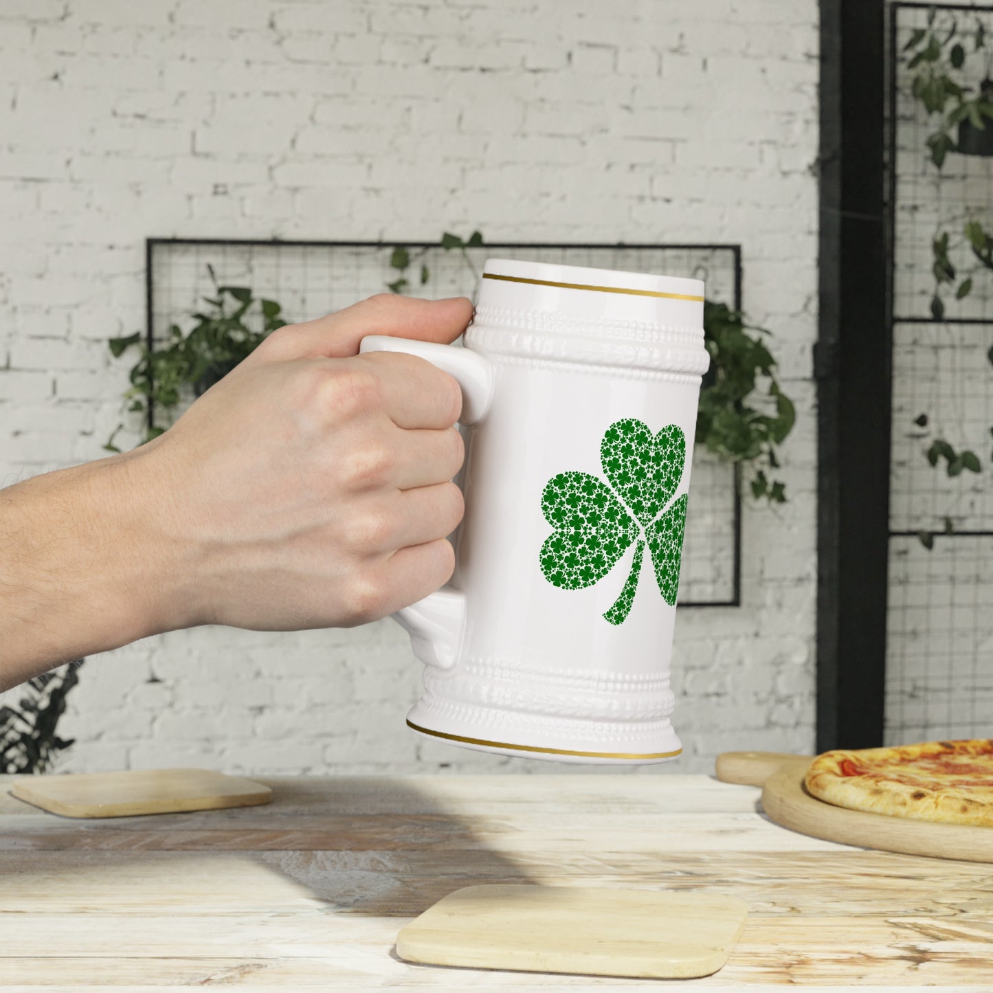 St. Patrick's Day Shamrock Beer Stein Mug - Festive Green Ceramic Drinkware