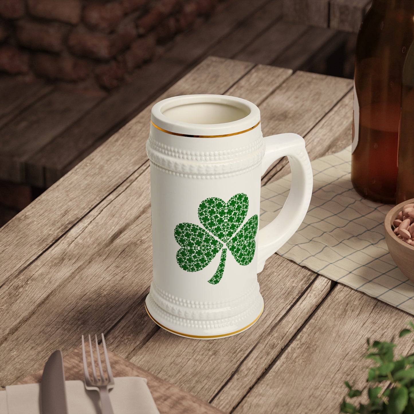 St. Patrick's Day Shamrock Beer Stein Mug - Festive Green Ceramic Drinkware