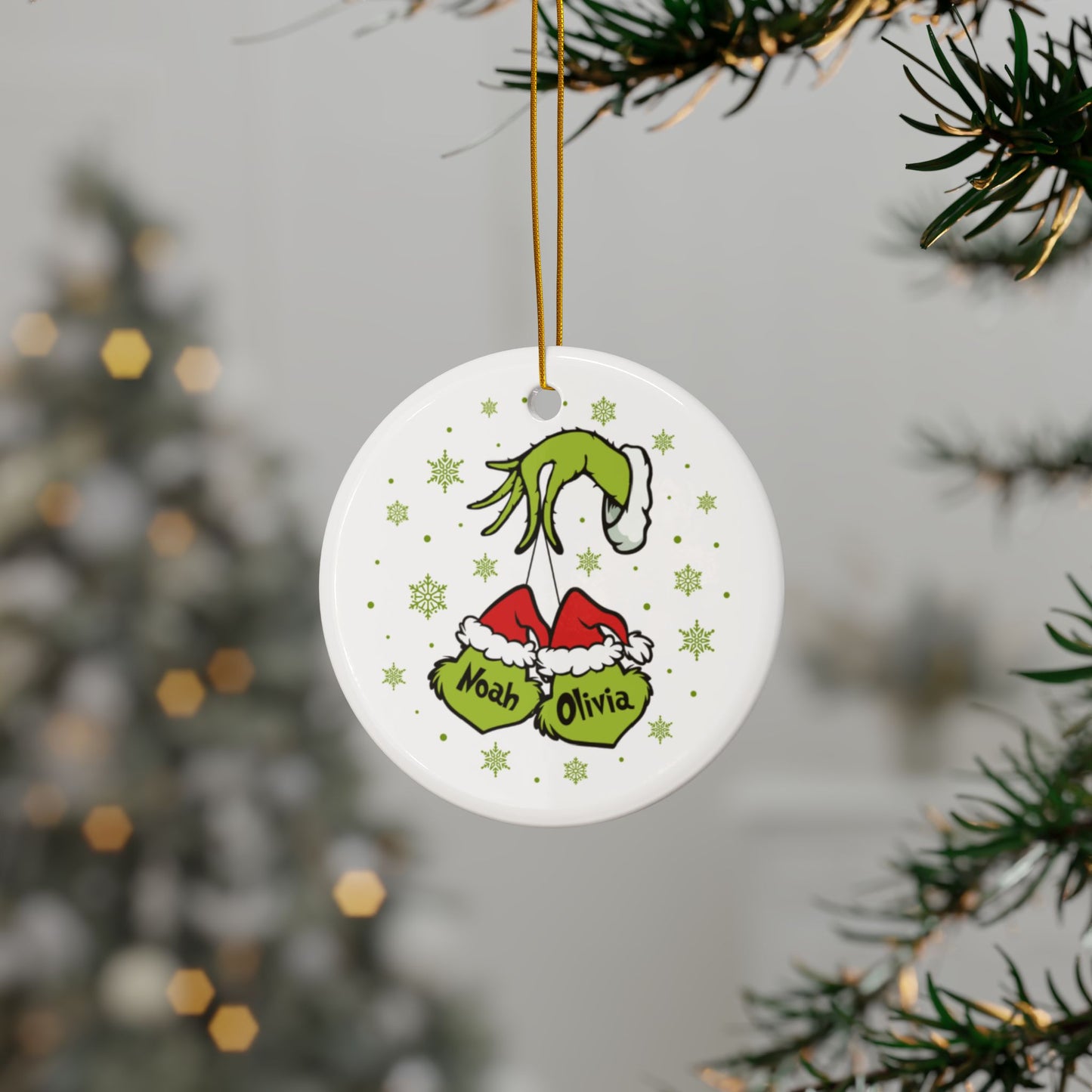 Grinch Hand & Face Christmas Ornament - Double-Sided Ceramic Holiday Decoration