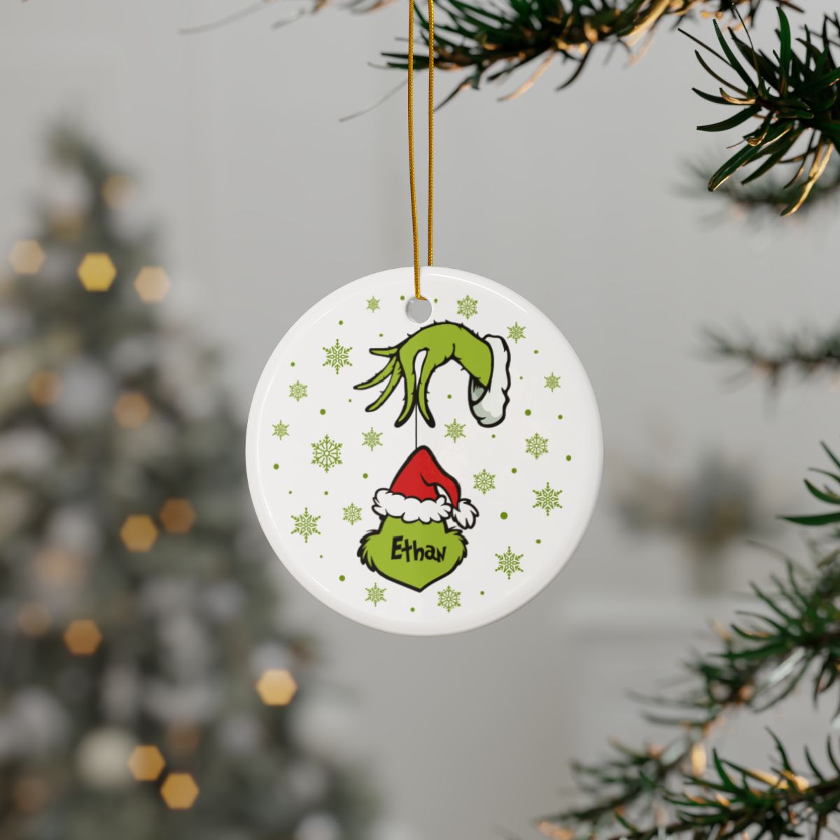 Grinch Hand & Face Christmas Ornament - Double-Sided Ceramic Holiday Decoration
