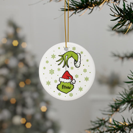 Grinch Hand & Face Christmas Ornament - Double-Sided Ceramic Holiday Decoration