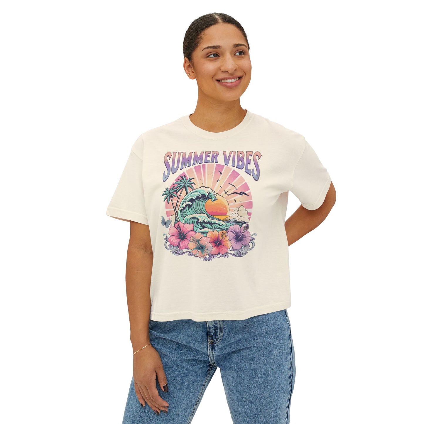 Summer Vibes Women's Boxy Tee | Beachy Graphic Tee, Casual Fashion, Summer Apparel, Gift for Her, Vacation Wear