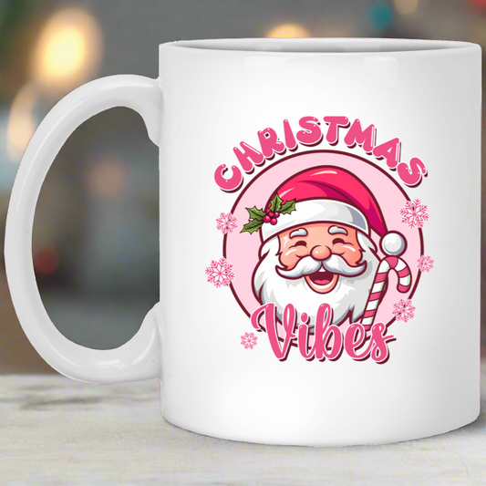 Christmas Vibes: Pink Retro Santa Christmas 11oz White Mug