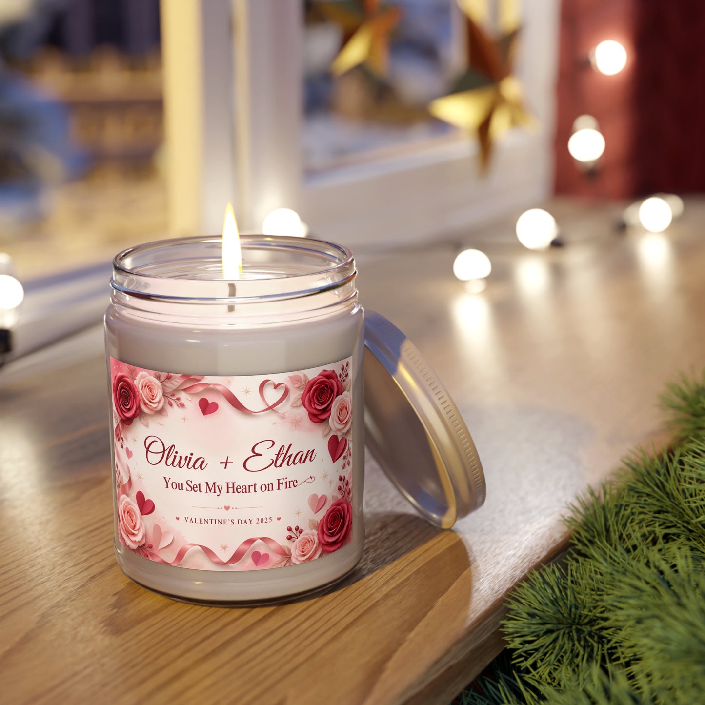 Personalized Valentine’s Day Scented Candle – “You Set My Heart on Fire” Custom Couple Names Gift