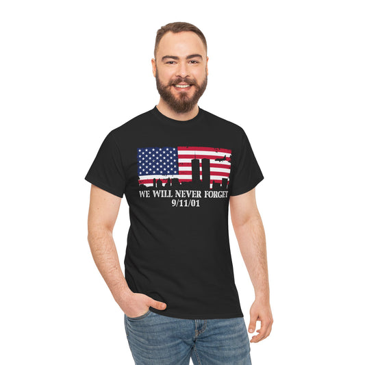 Patriotic Commemorative Tee - We Will Never Forget 9/11, Casual Wear, Memorial Day, Heroes Tribute, Unisex Cotton Shirt