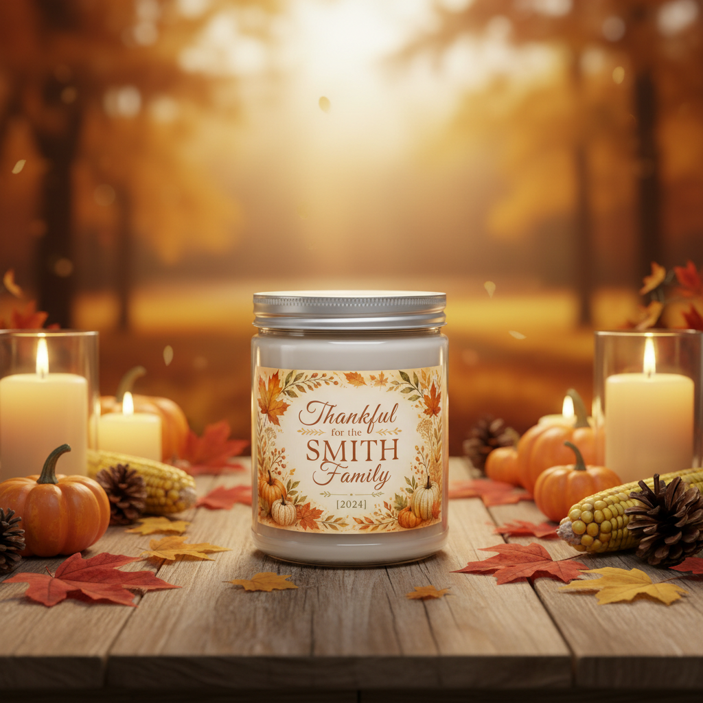 Personalized Thankful for the Family Scented Candle – Custom Family Name & Year Thanksgiving Gift