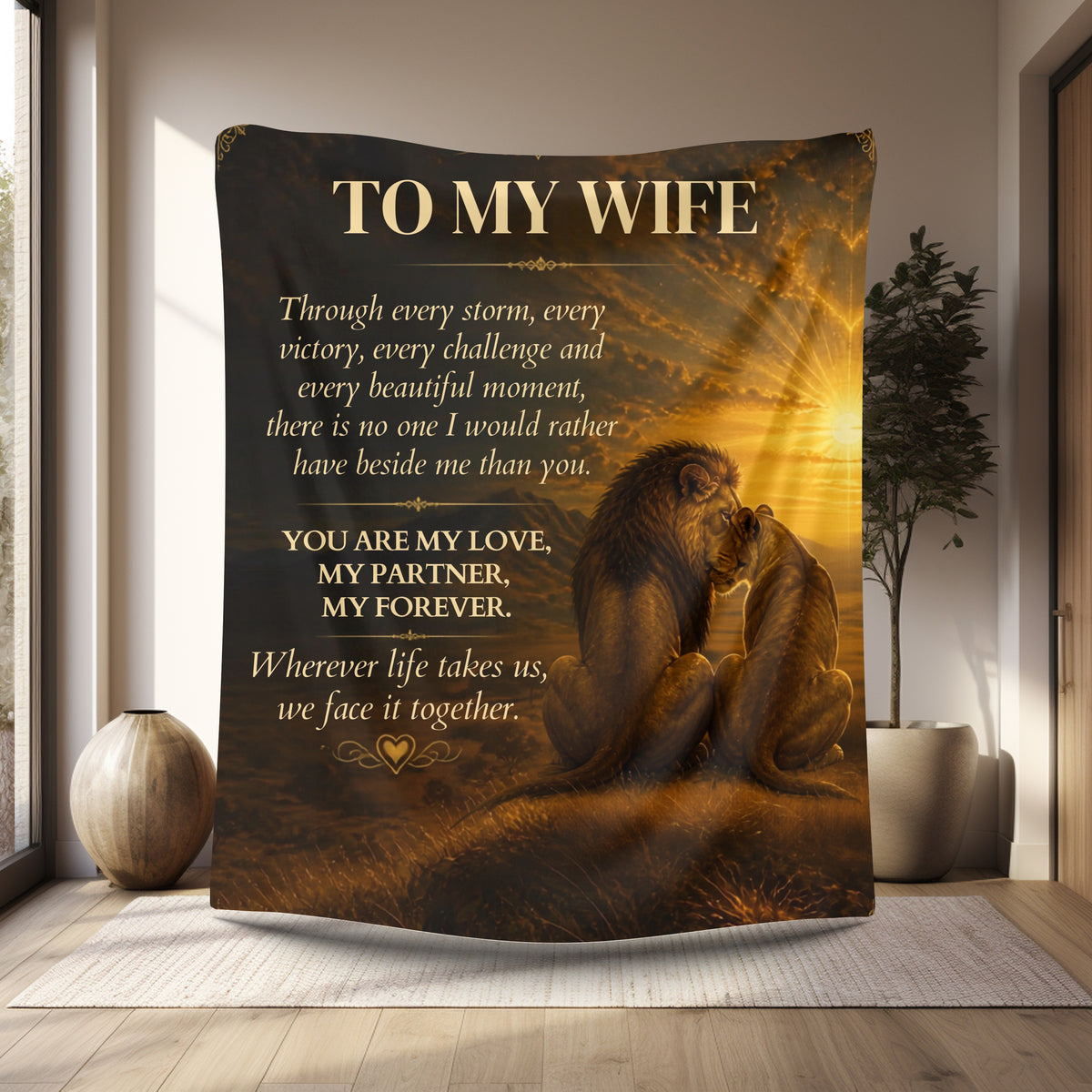 To My Wife Lion Couple Sherpa Blanket – 60" x 80" Romantic Gift for Wife, Heartfelt Love Message Blanket, Anniversary, Birthday & Christmas Gift