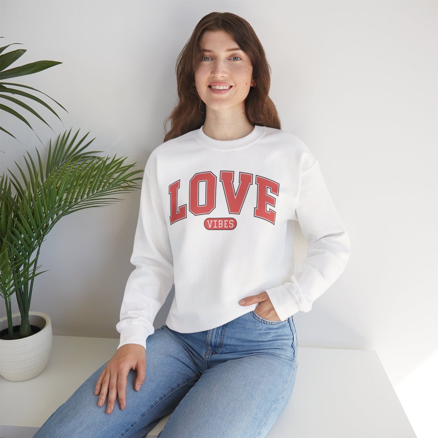Love Vibes Sweatshirt – Retro Varsity Love Crewneck, Unisex Valentine’s Day Gift