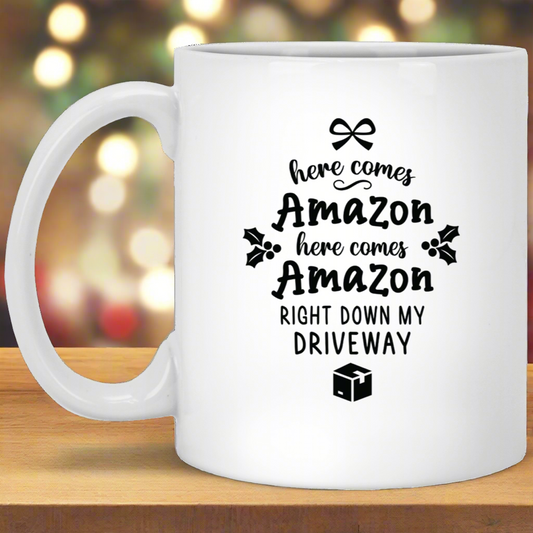 Here Comes Amazon Holiday 11oz White Mug