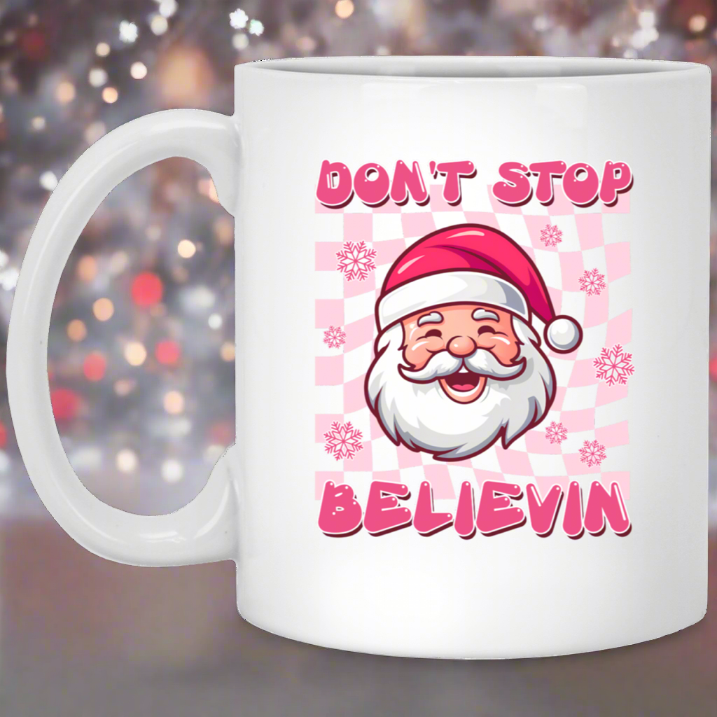 Don't Stop Believin' : Pink Retro Santa Christmas 11oz White Mug