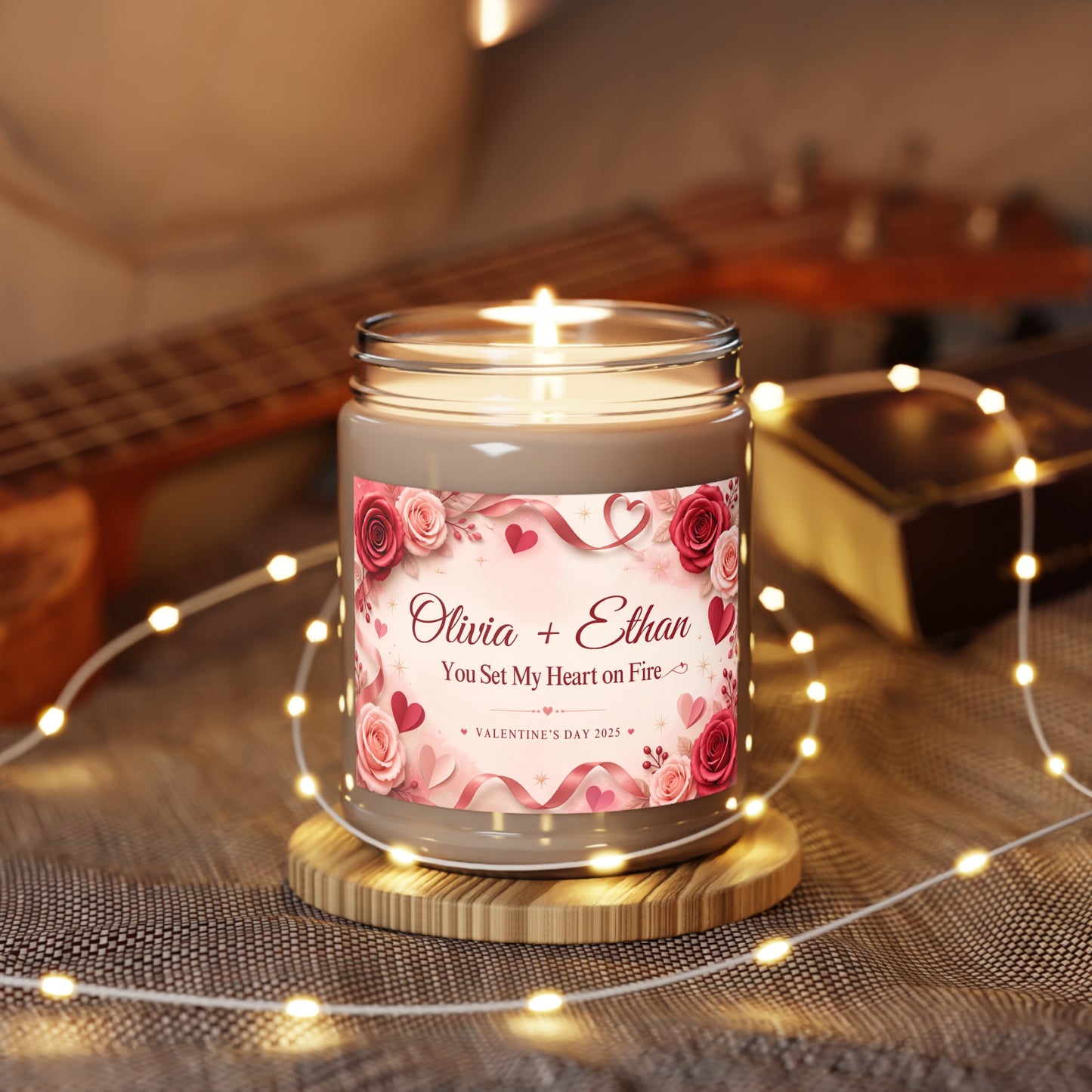 Personalized Valentine’s Day Scented Candle – “You Set My Heart on Fire” Custom Couple Names Gift