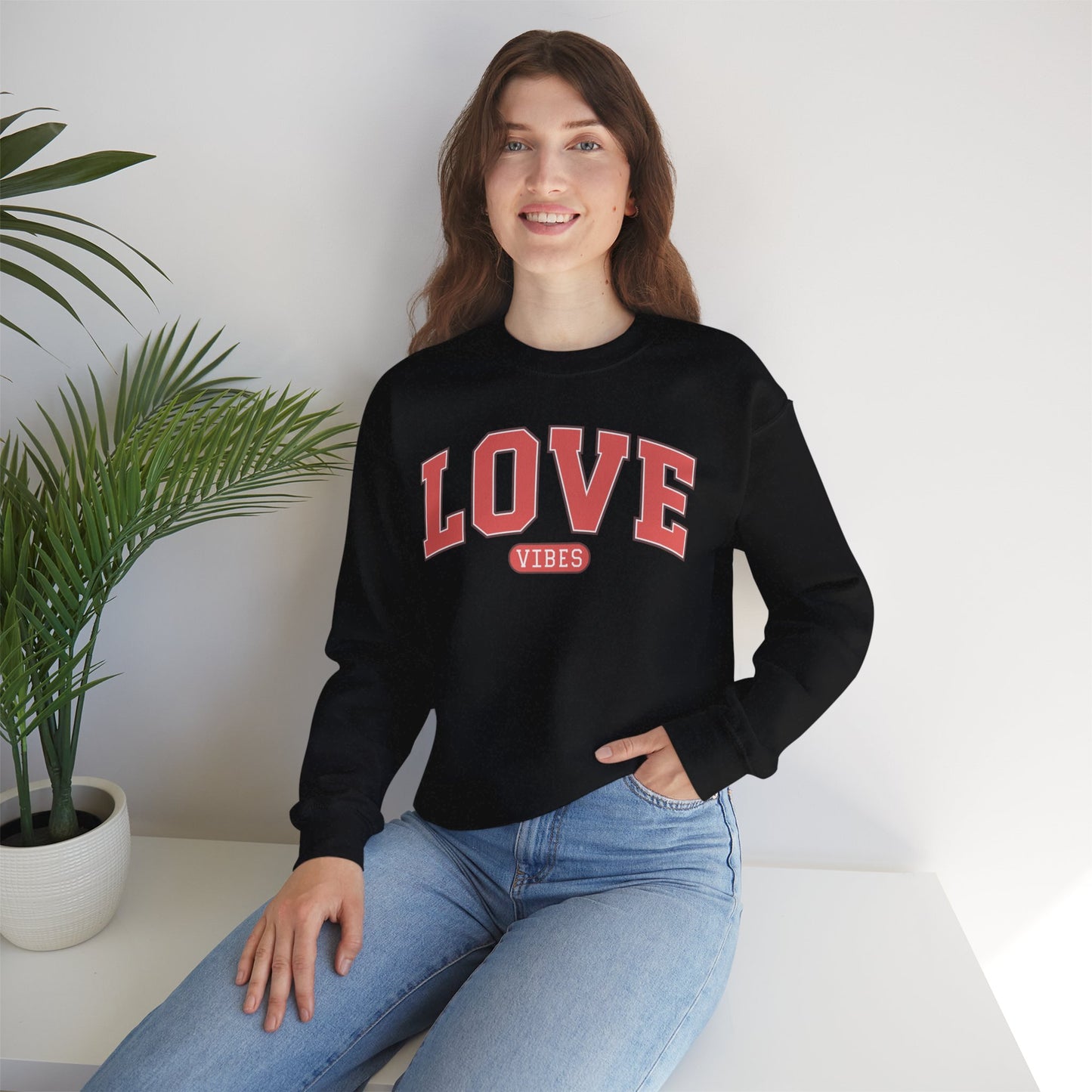 Love Vibes Sweatshirt – Retro Varsity Love Crewneck, Unisex Valentine’s Day Gift