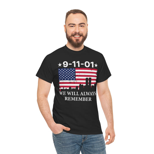 9/11 Memorial Unisex Heavy Cotton Tee, Remembrance T-Shirt, Patriot Day Shirt, Anniversary Tribute Tee, American Flag Apparel
