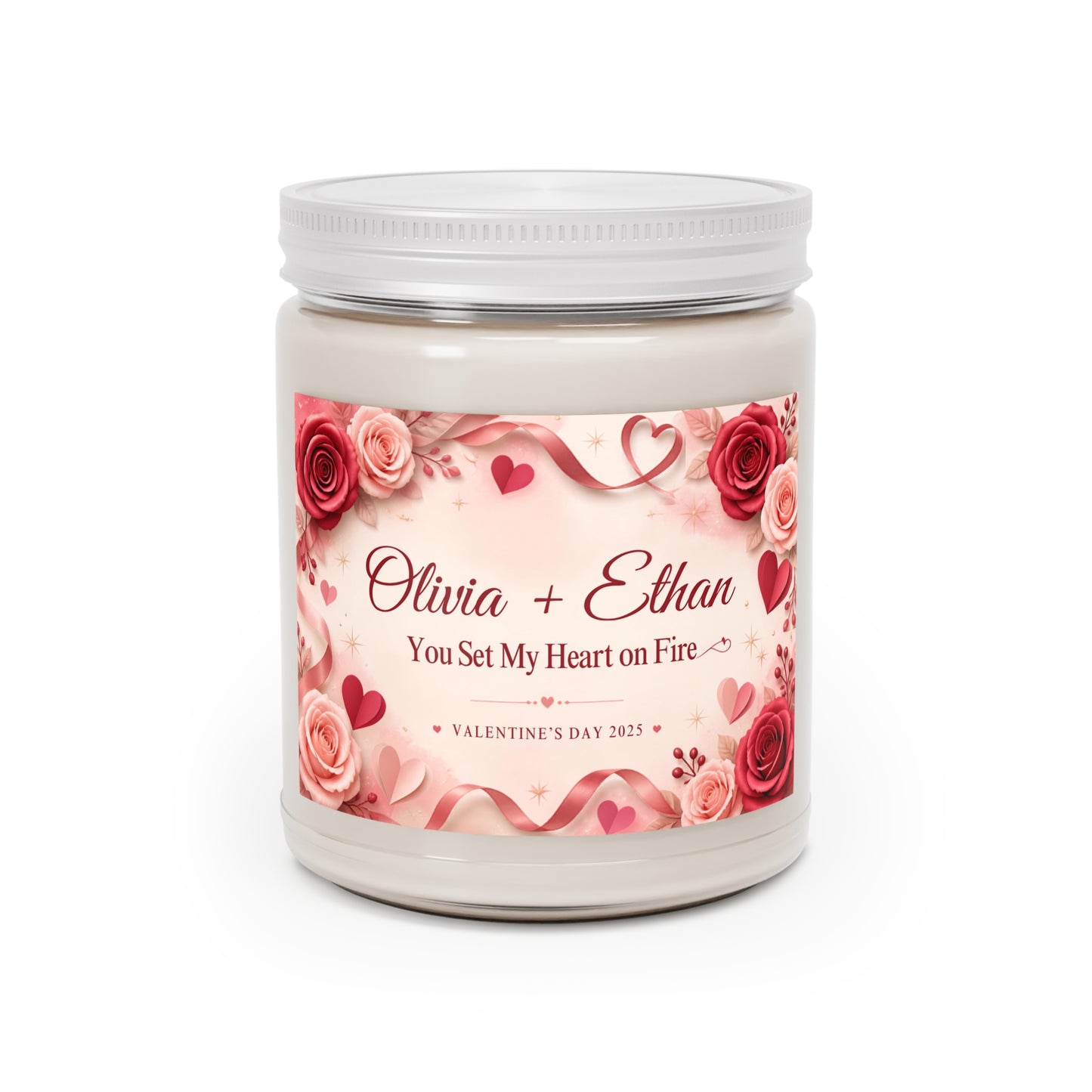 Personalized Valentine’s Day Scented Candle – “You Set My Heart on Fire” Custom Couple Names Gift
