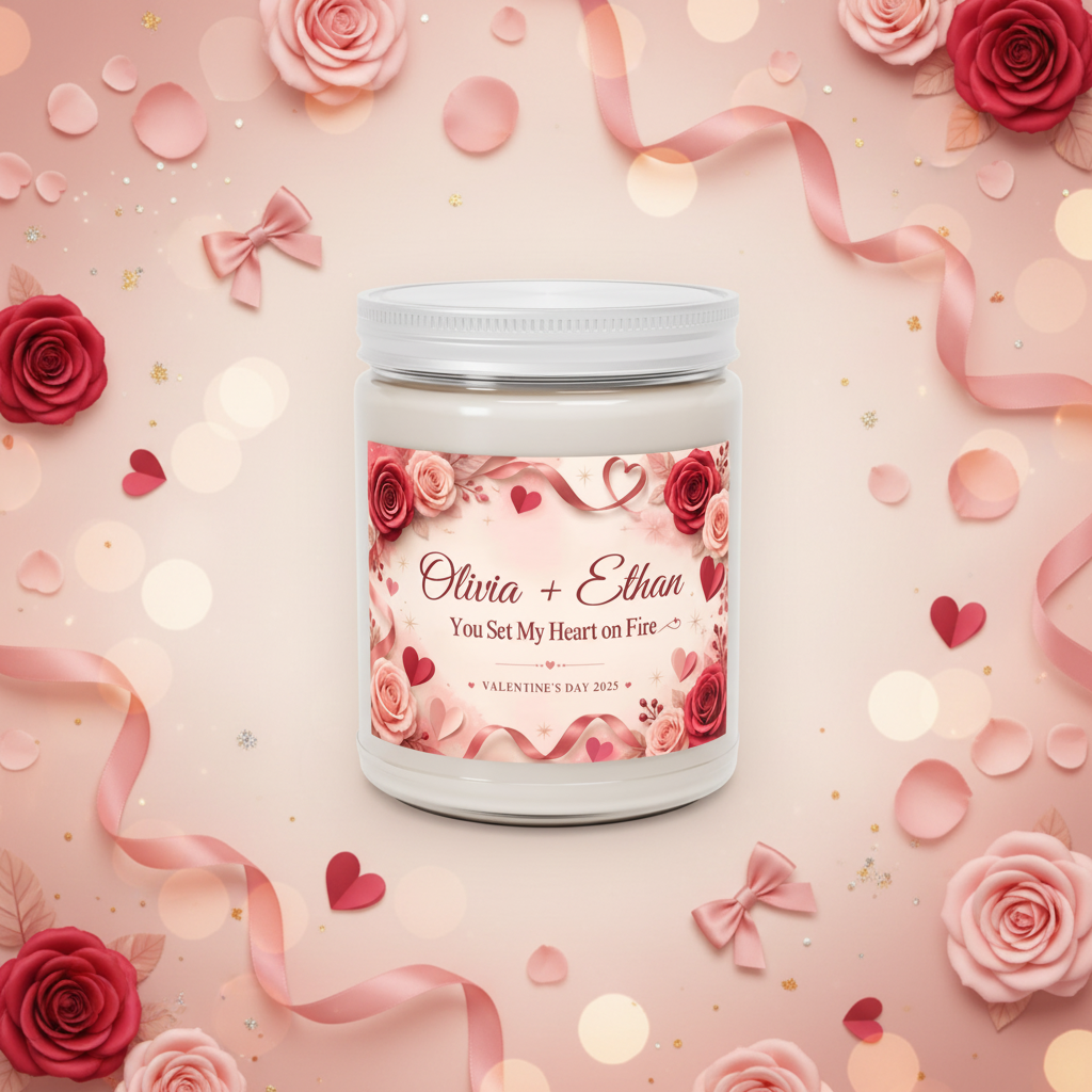Personalized Valentine’s Day Scented Candle – “You Set My Heart on Fire” Custom Couple Names Gift