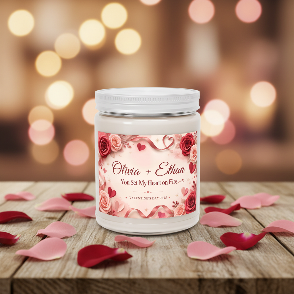 Personalized Valentine’s Day Scented Candle – “You Set My Heart on Fire” Custom Couple Names Gift