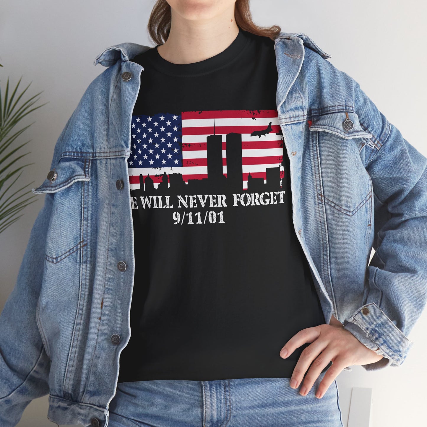 Patriotic Commemorative Tee - We Will Never Forget 9/11, Casual Wear, Memorial Day, Heroes Tribute, Unisex Cotton Shirt