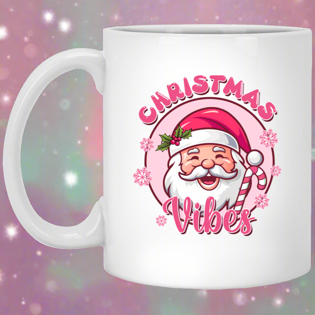 Christmas Vibes: Pink Retro Santa Christmas 11oz White Mug