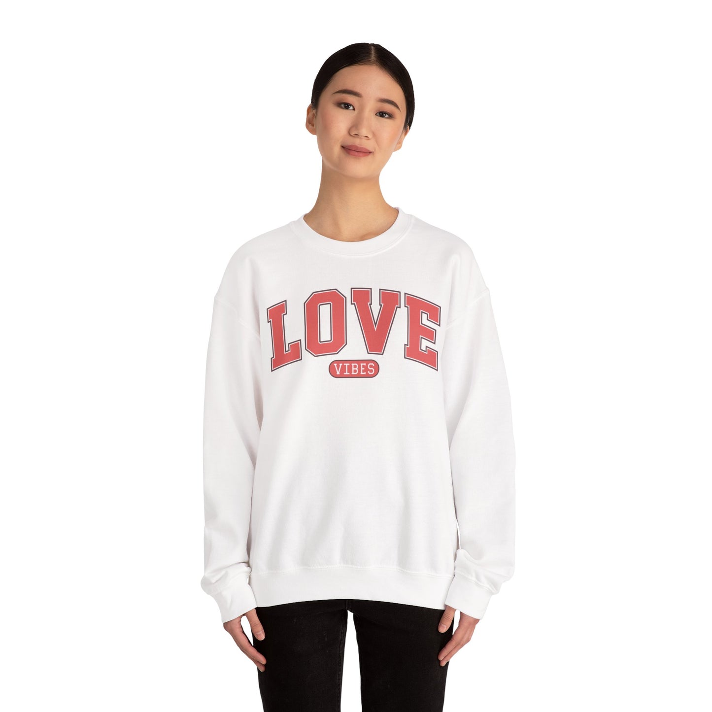 Love Vibes Sweatshirt – Retro Varsity Love Crewneck, Unisex Valentine’s Day Gift