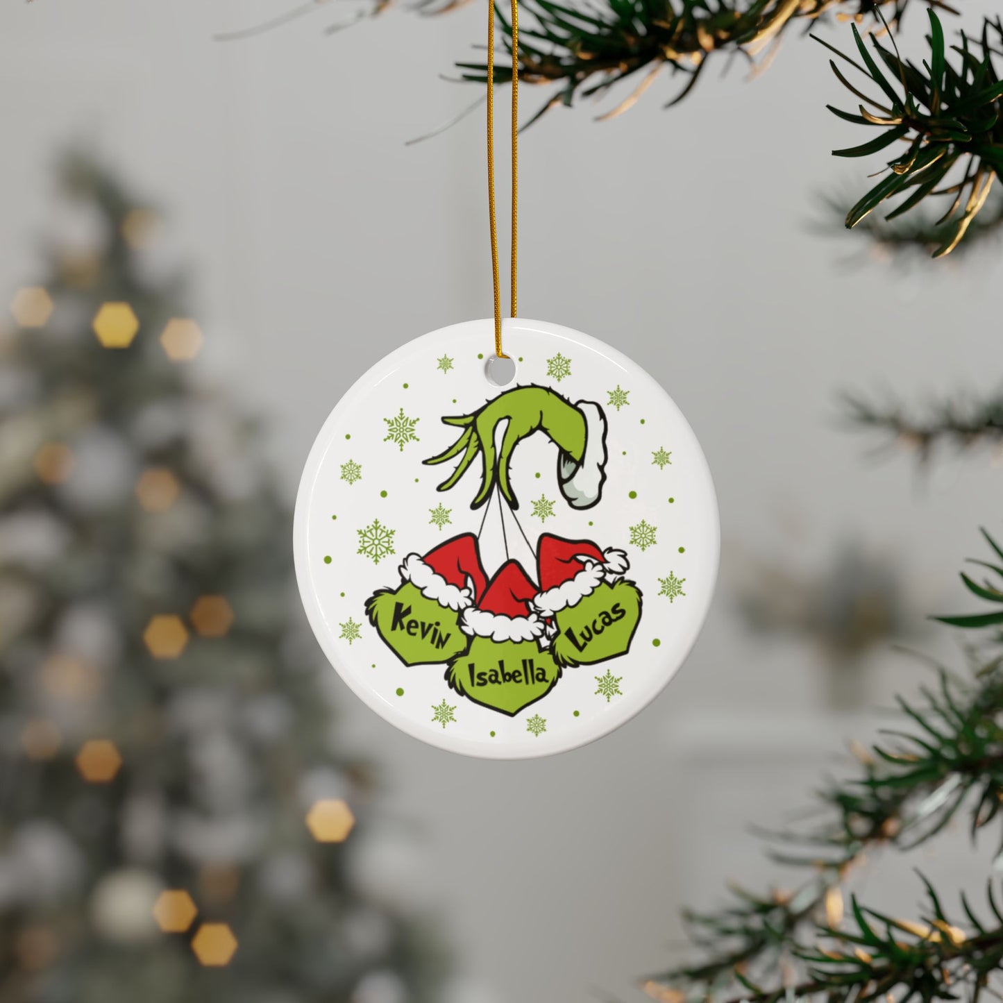 Grinch Hand & Face Christmas Ornament - Double-Sided Ceramic Holiday Decoration