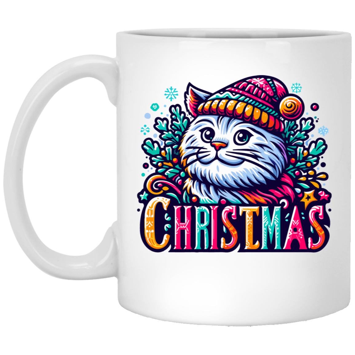 Festive Christmas Cat 11oz White Mug