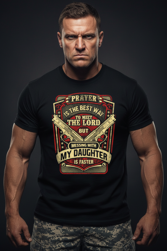 Protective Dad T-Shirt - Prayer is the best way to meet the Lord but messing with my daughter is faster