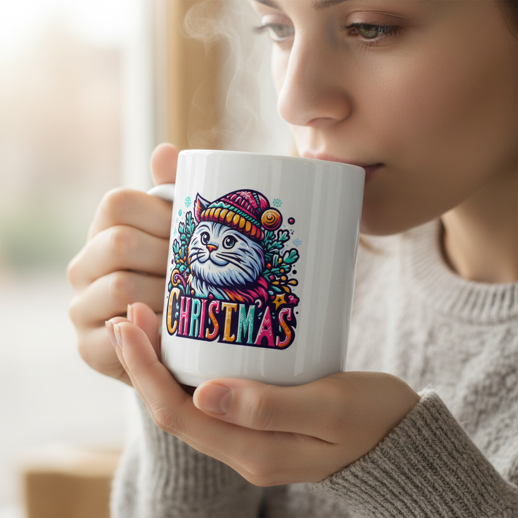 Festive Christmas Cat 11oz White Mug