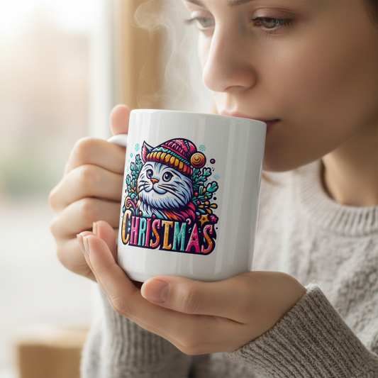 Festive Christmas Cat 11oz White Mug