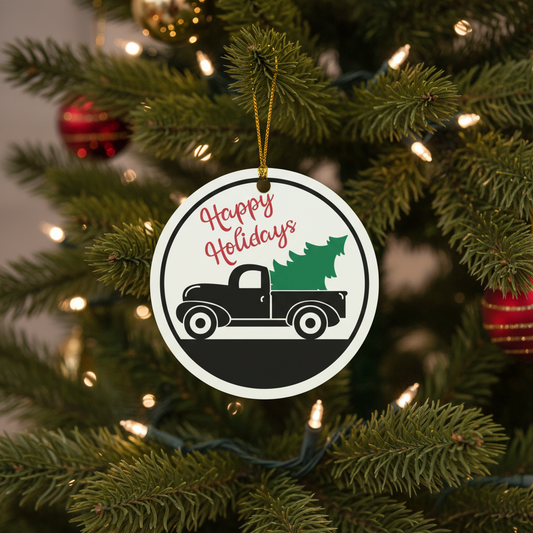 Happy Holidays Christmas Truck Circle Ornament