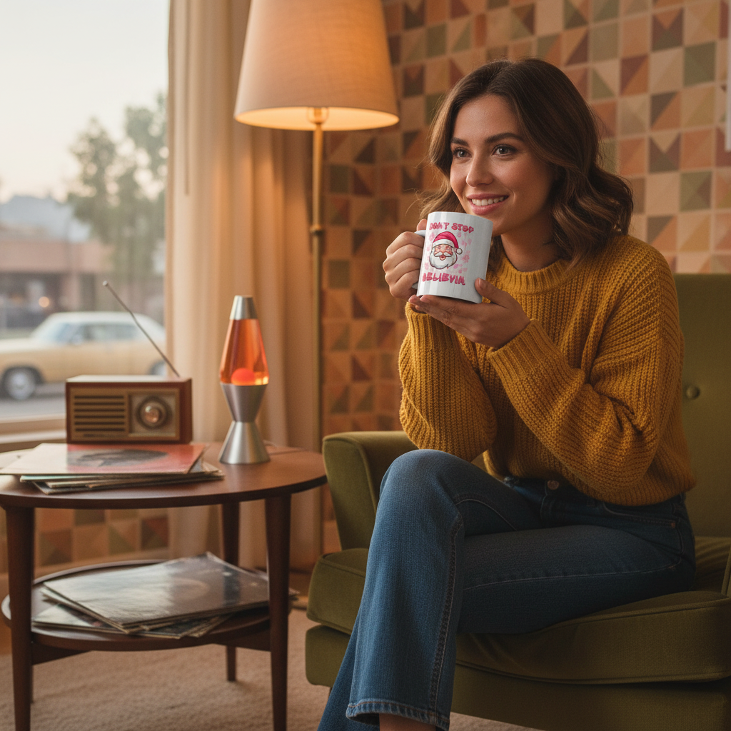 Don't Stop Believin' : Pink Retro Santa Christmas 11oz White Mug