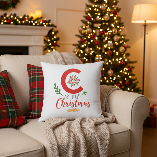 Double Sided Design C is for Christmas Holiday Decoration Pillow, Festive Holiday Decoration, Square Pillow