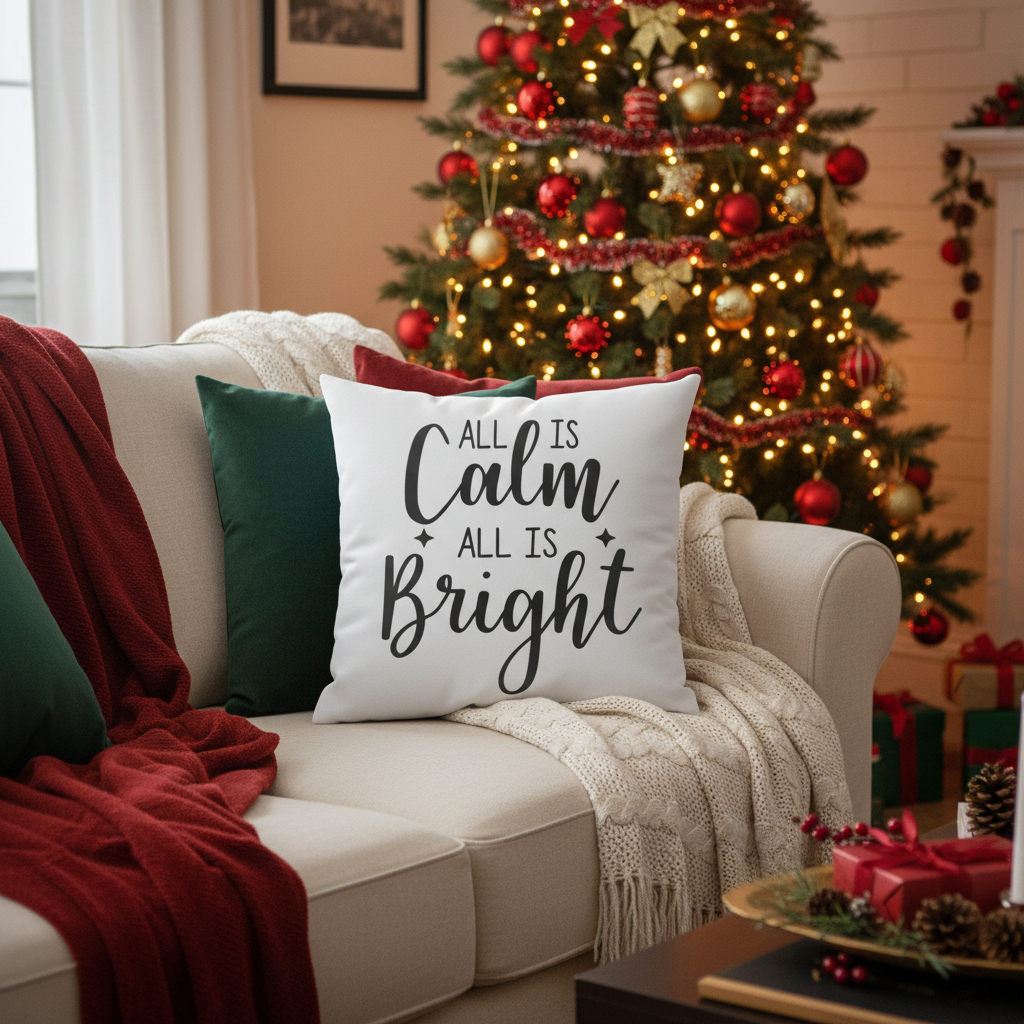 All Is Calm All Is Bright Christmas Holiday Square Pillow, Festive Holiday Decorations, Season Holiday Greetings Pillow