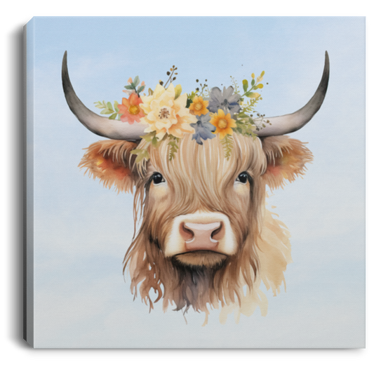 Floral Crown Modern Cow Canvas