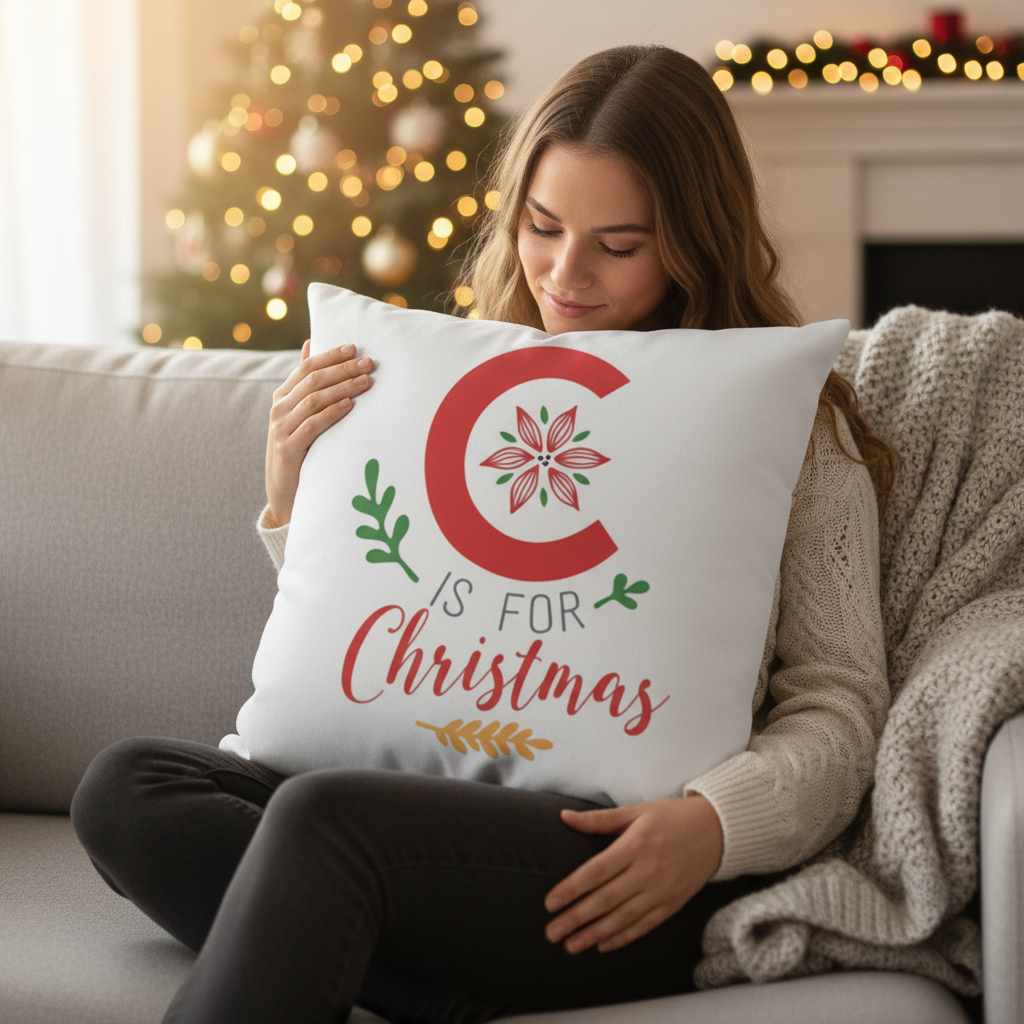 Double Sided Design C is for Christmas Holiday Decoration Pillow, Festive Holiday Decoration, Square Pillow